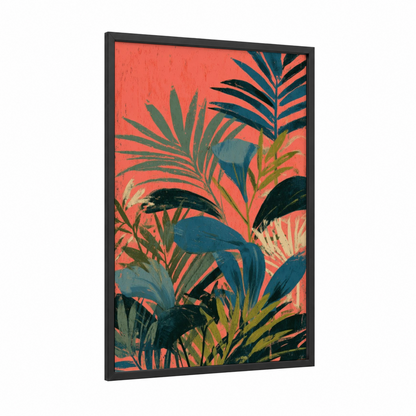 Tropical Palm Fronds framed palm forest print — black wood frame — teal and orange palette