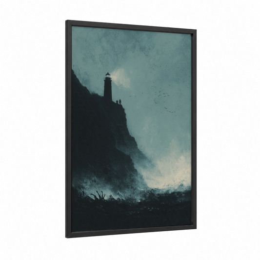 Coastal Lighthouse framed dark fantasy print — black wood frame — dark blue and gray palette