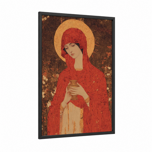 Crimson Saint framed mary magdalena print — black wood frame — red and gold palette