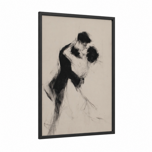 Tender Embrace framed groom and bride print — black wood frame — black and white palette