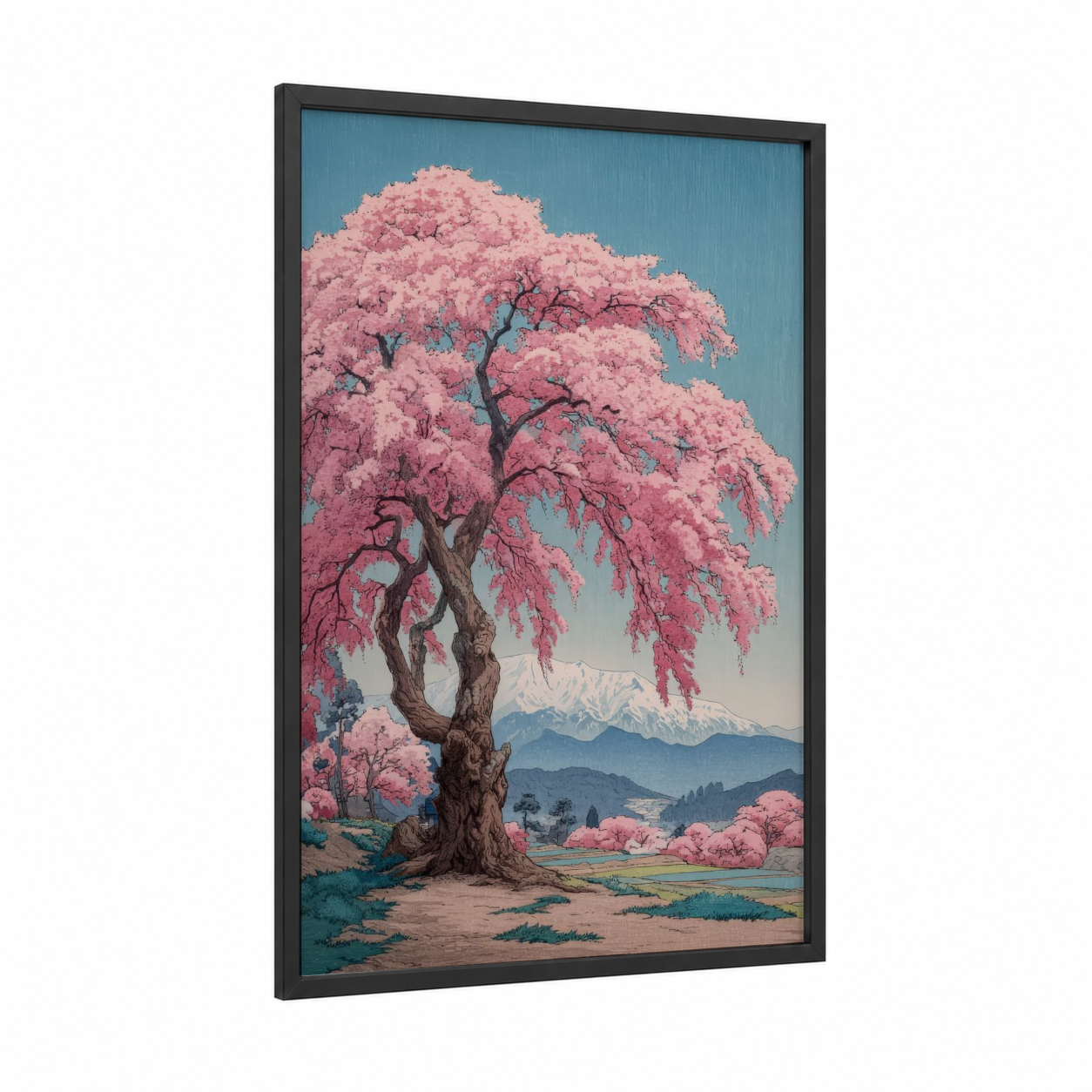 Majestic Cherry Blossom framed cherry blossoms print — black wood frame — pink and blue palette