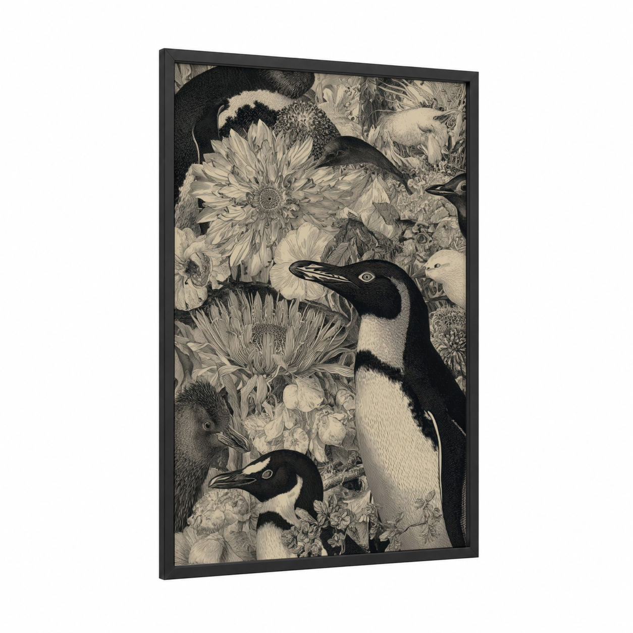 Elegant Penguin Pair framed art print — black wood frame — black and white palette