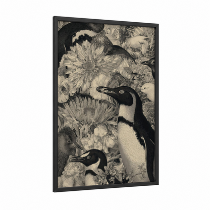 Elegant Penguin Pair framed art print — black wood frame — black and white palette
