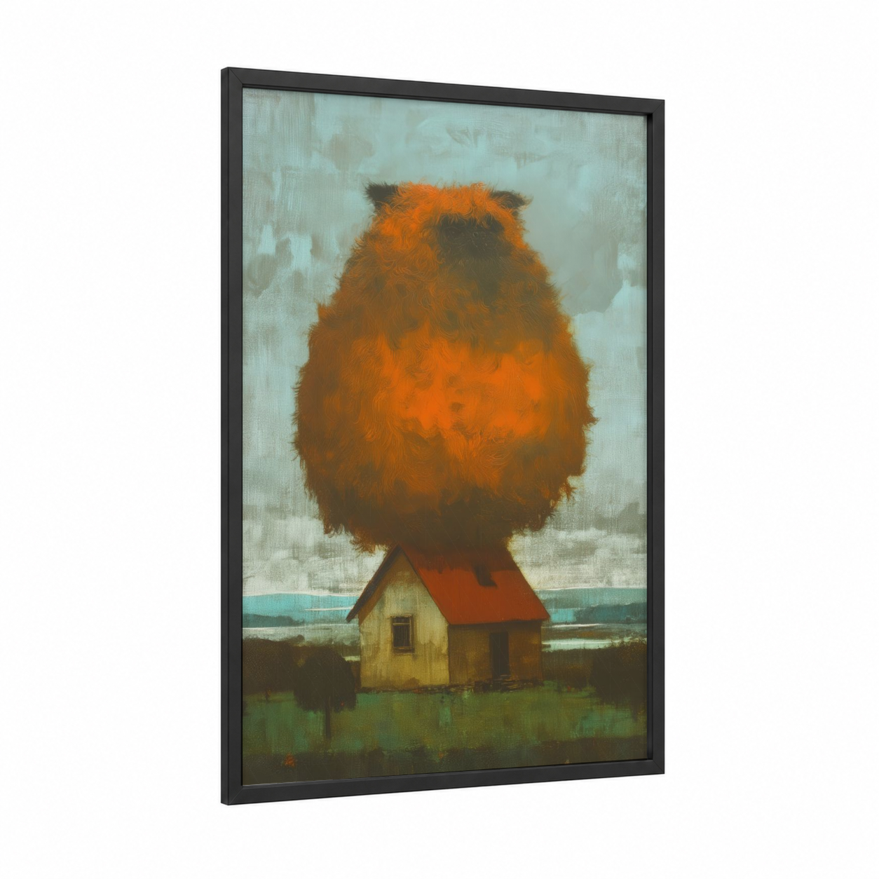 Whimsical Terrier framed art print — black wood frame — orange and sage green palette