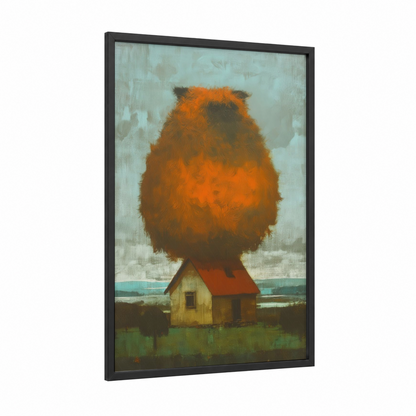 Whimsical Terrier framed art print — black wood frame — orange and sage green palette
