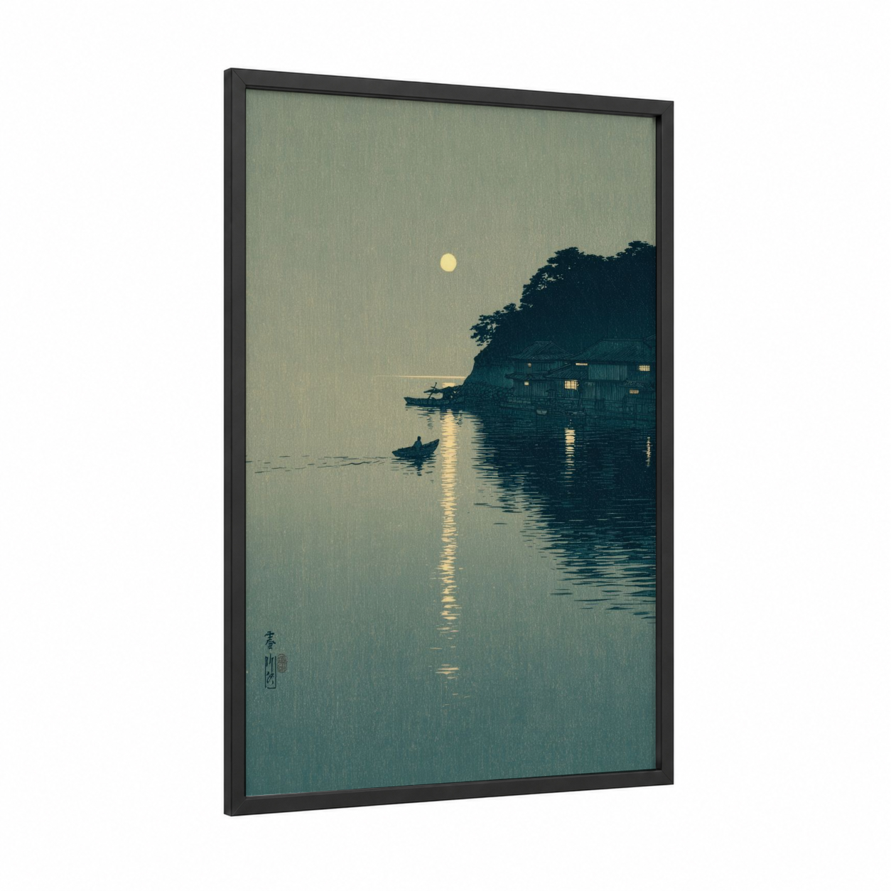 Moonlit Harbor framed sailfish print — black wood frame — sage green and dark blue palette