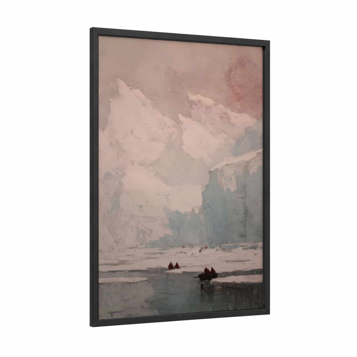 Snowy Glacier Vista framed art print — black wood frame — champagne gold and dove gray palette