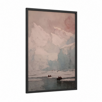 Snowy Glacier Vista framed art print — black wood frame — champagne gold and dove gray palette