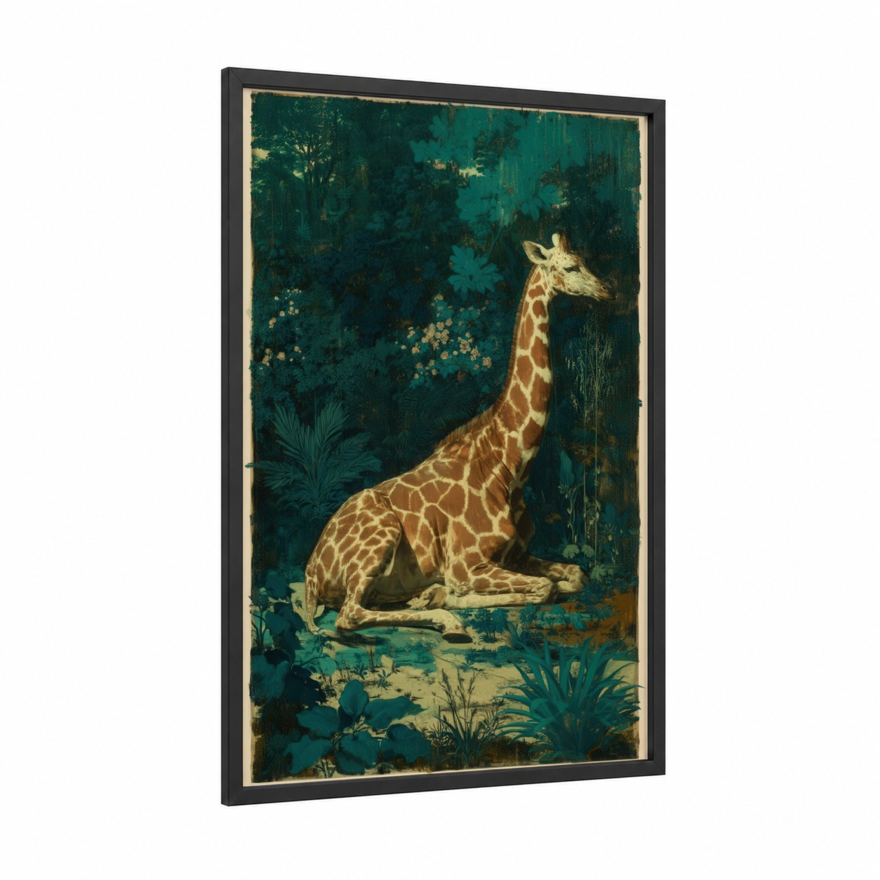 Emerald Giraffe framed art print — black wood frame — dark green and gold palette
