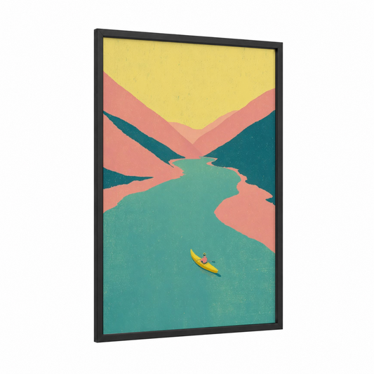 Mountain River Kayak framed canoeing and kayaking print — black wood frame — yellow gold and salmon pink palette