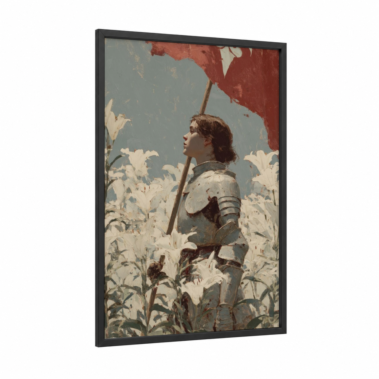 Armored Crusader framed joan of arc print — black wood frame — blue and russet palette