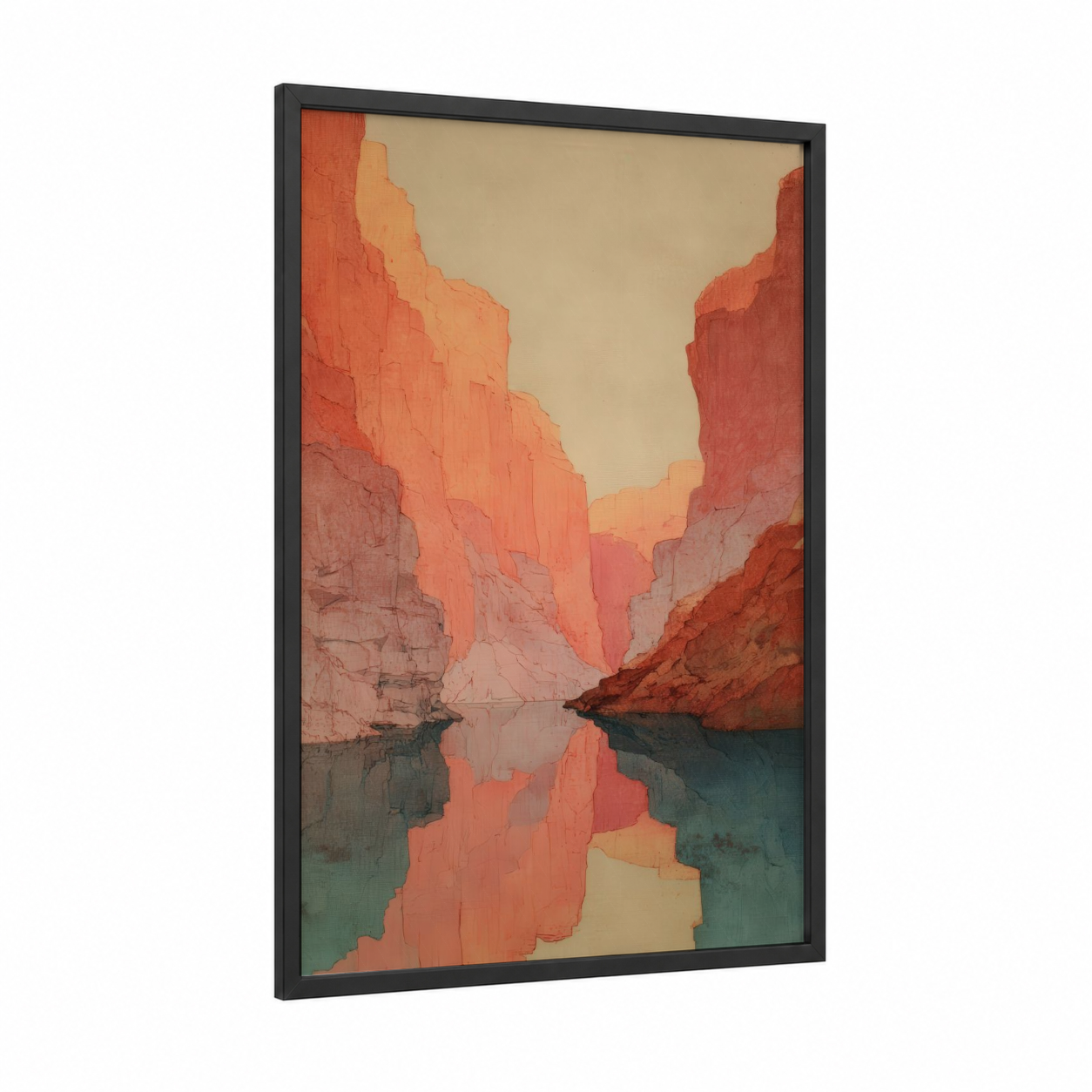 Crimson Canyon Reflection framed art print — black wood frame — russet and peach palette