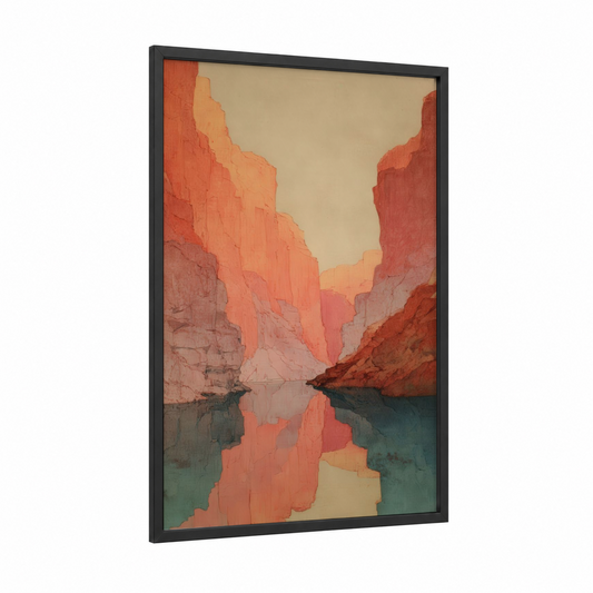 Crimson Canyon Reflection framed art print — black wood frame — russet and peach palette