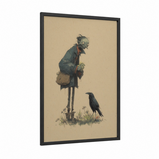 Tattered Zombie framed art print — black wood frame — gray and beige palette