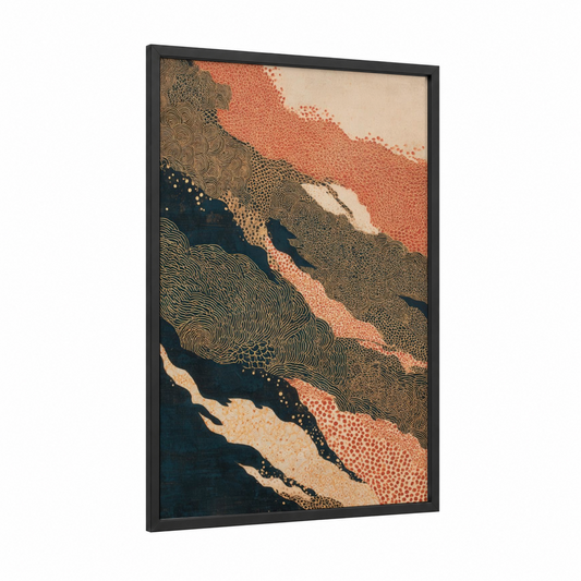 Terracotta Topography framed abstract expressionism print — black wood frame — blue palette