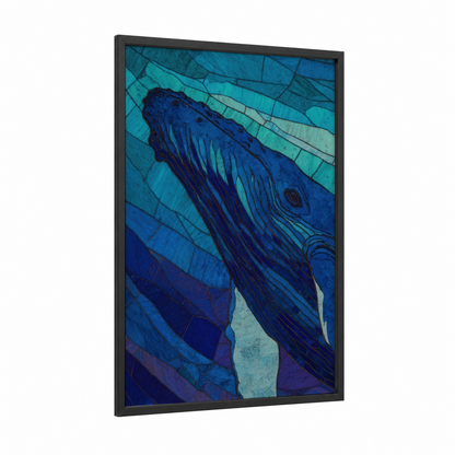 Deep Blue Whale framed humpback whale print — black wood frame — blue and teal palette