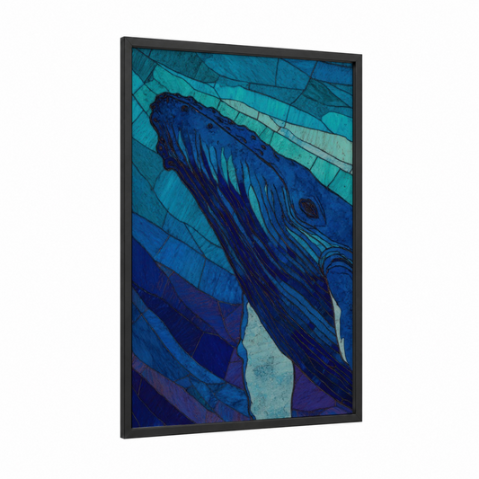 Deep Blue Whale framed humpback whale print — black wood frame — blue and teal palette