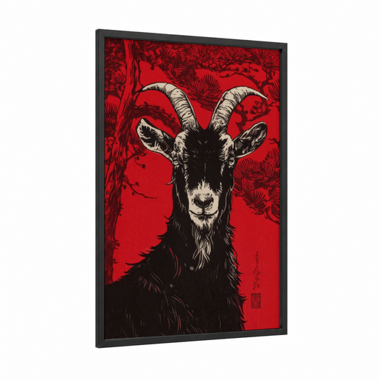 Crimson Goat Portrait framed art print — black wood frame — red and black and white palette