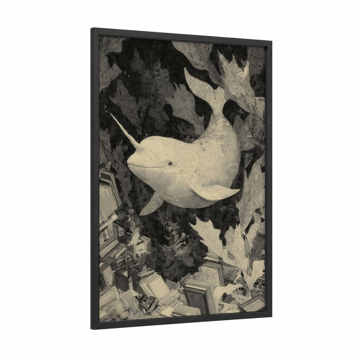 Arctic Narwhal framed art print — black wood frame — black and white and cream palette