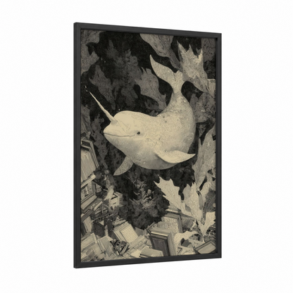 Arctic Narwhal framed art print — black wood frame — black and white and cream palette