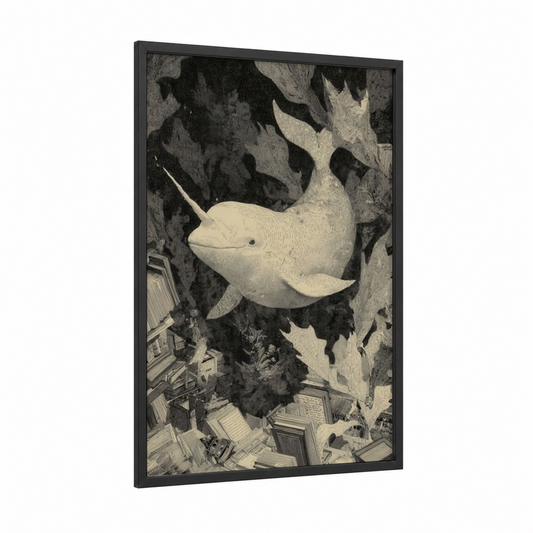 Arctic Narwhal framed art print — black wood frame — black and white and cream palette
