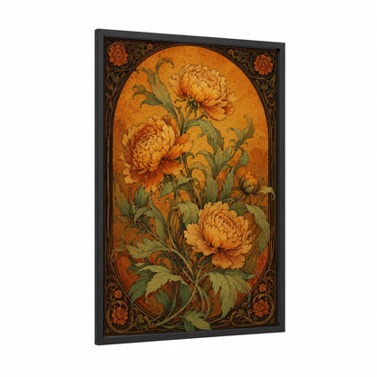 Golden Chrysanthemum Botanical Wall Art framed art print — black wood frame — gold and orange palette