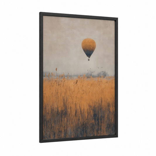 Golden Horizon Balloon framed hot air baloon print — black wood frame — gold and gray palette