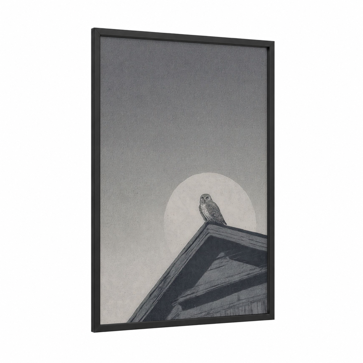 Nocturnal Pantheon framed art print — black wood frame — gray and black and white palette