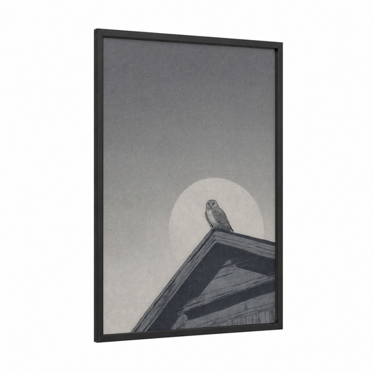 Nocturnal Pantheon framed art print — black wood frame — gray and black and white palette