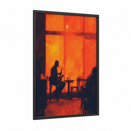 Jazz Passion framed art print — black wood frame — red and gold palette