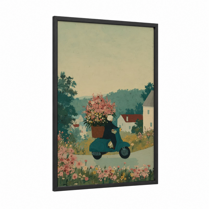 Flower Delivery Scooter framed art print — black wood frame — sage green and salmon pink palette