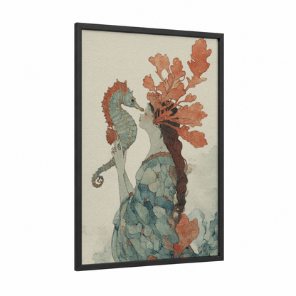 Seahorse Mermaid framed art print — black wood frame — sage green palette