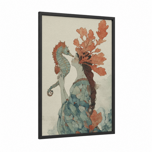 Seahorse Mermaid framed art print — black wood frame — sage green palette