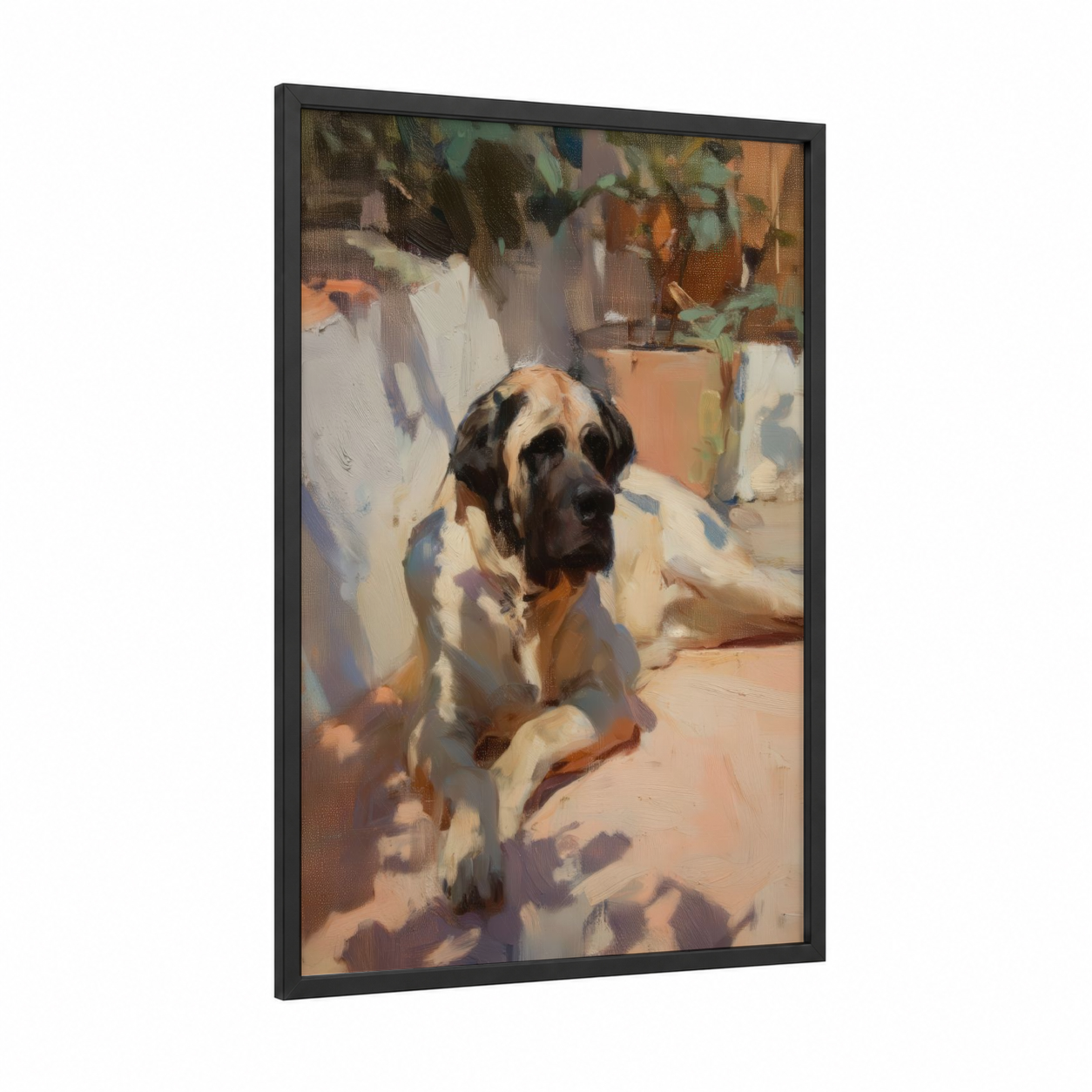 Sunlit Mastiff framed art print — black wood frame — gold and cream palette