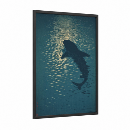 Sunlit Whale Shark framed art print — black wood frame — teal and gold palette