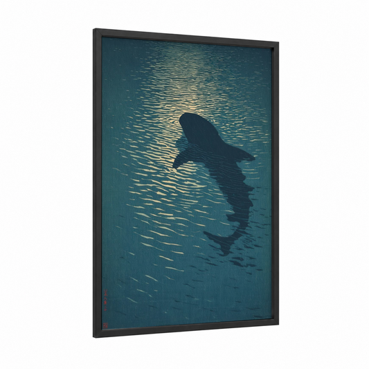 Sunlit Whale Shark framed art print — black wood frame — teal and gold palette