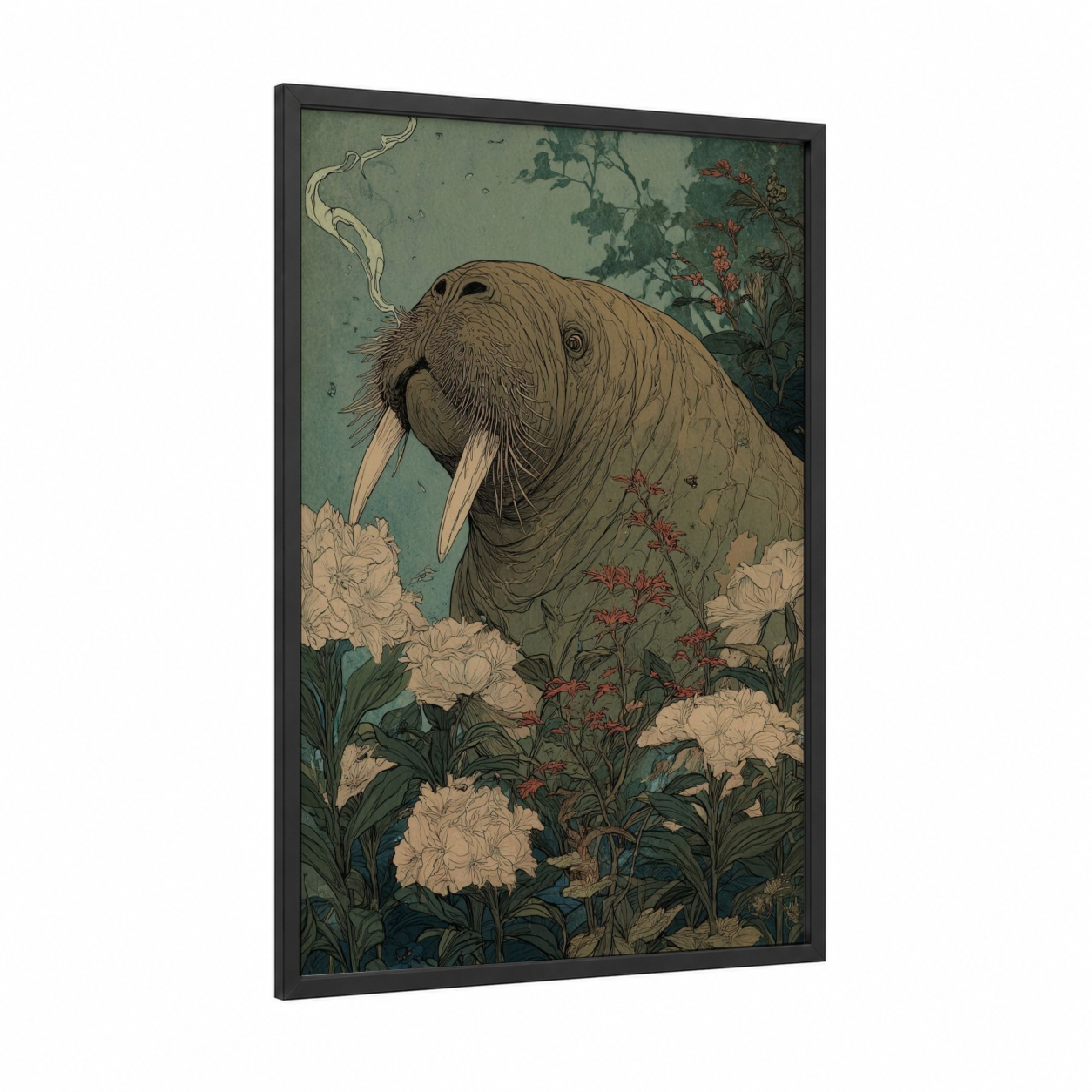 Garden Walrus framed art print — black wood frame — sage green and cream palette