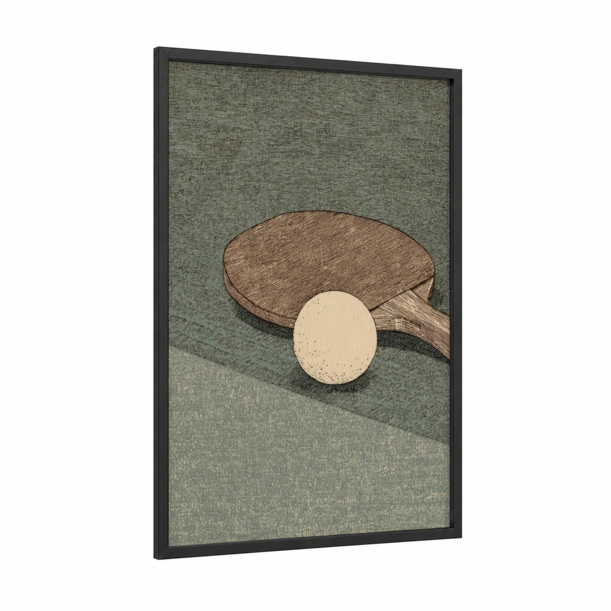 Minimalist Paddle framed table tennis print — black wood frame — sage green and beige palette