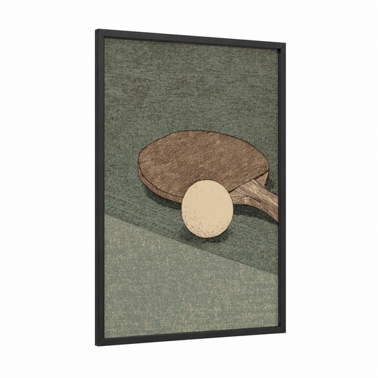 Minimalist Paddle framed table tennis print — black wood frame — sage green and beige palette