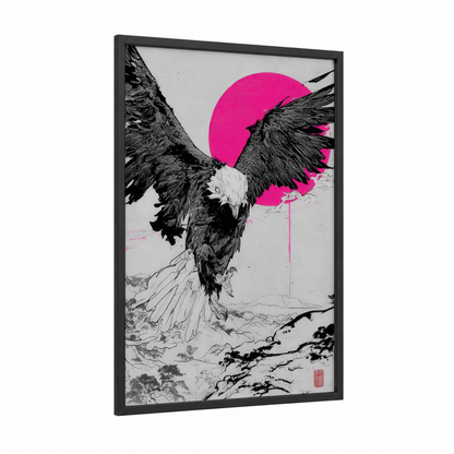 Magenta Eagle Flight framed art print — black wood frame — black and white and magenta palette