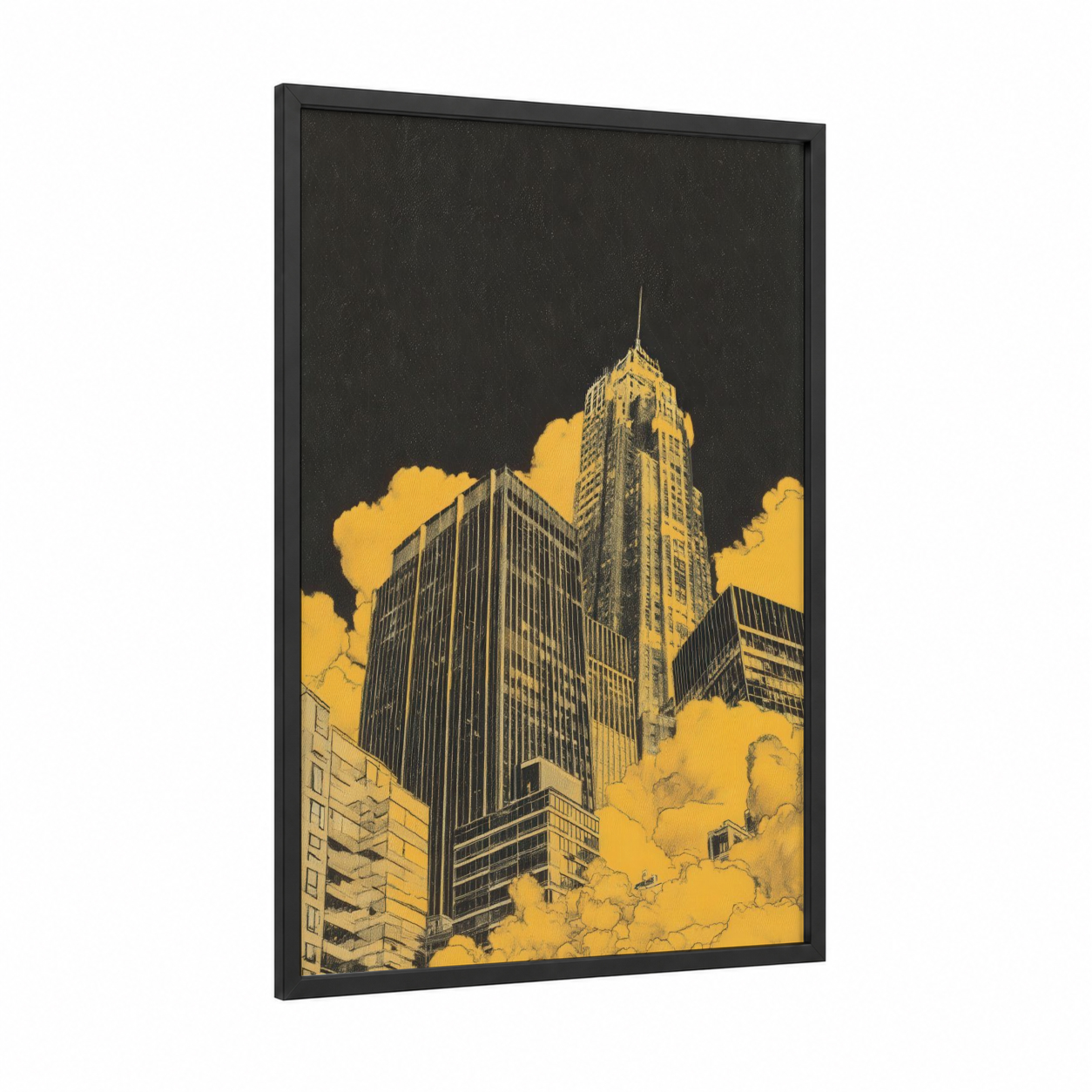 Golden Skyscraper framed abstract architecture print — black wood frame — yellow gold and black palette