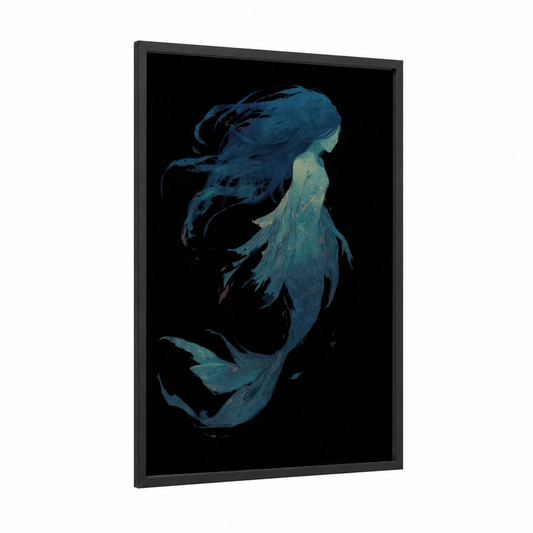 Ethereal Mermaid framed art print — black wood frame — dark blue and teal palette