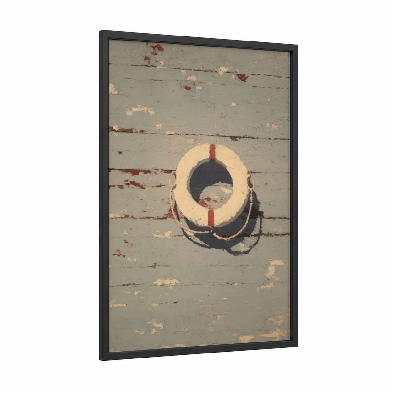 Weathered Life Ring framed art print — black wood frame — cream and russet palette