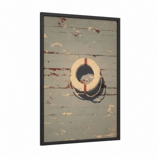 Weathered Life Ring framed art print — black wood frame — cream and russet palette