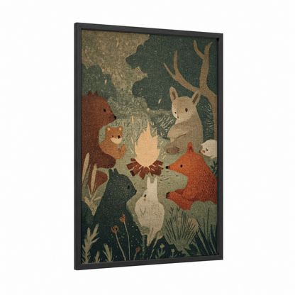 Woodland Campfire Gathering framed fairytale print — black wood frame — sage green and brown palette