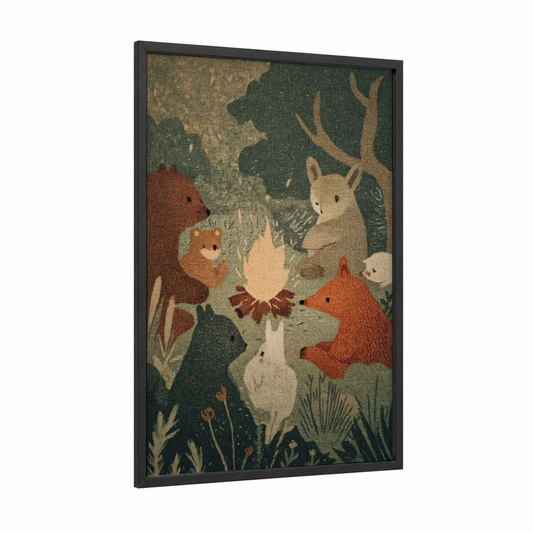 Woodland Campfire Gathering framed fairytale print — black wood frame — sage green and brown palette