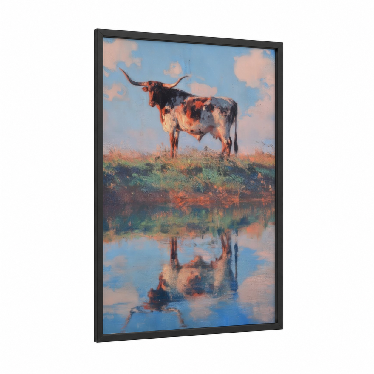 Longhorn Reflection framed longhorn cow print — black wood frame — russet and blue and white palette