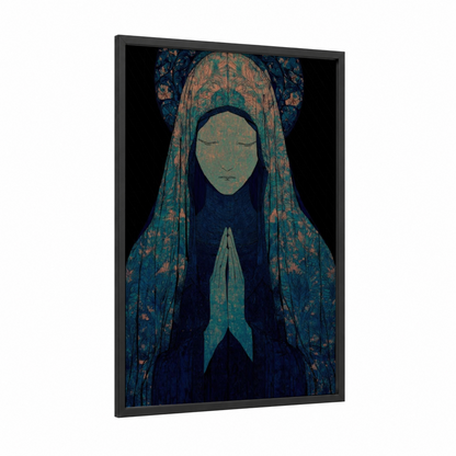 Serene Devotion framed virgin mary print — black wood frame — teal and dark blue palette