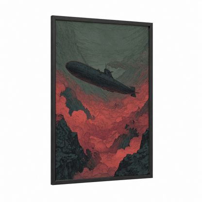 Abyssal Submarine framed art print — black wood frame — gray and red palette