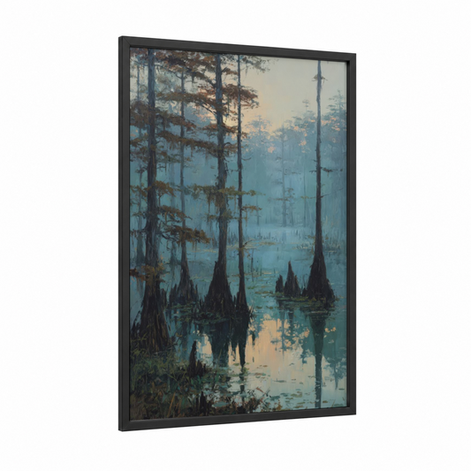 Misty Cypress Swamp framed cypress tree print — black wood frame — blue and gold palette